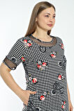 Desenli Cepli Tül Detaylı Kısa Kollu Büyük Beden Elbise