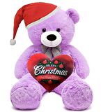  Yeni Yıla Özel : Elinde Baskılı Kalbi Ve Noel Şapkalı 90 cm Papyonlu Peluş Ayıcık - Yeni Yıl Temalı 