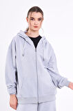 Gri Kanguru Cepli Kapüşonlu Fermuarlı Oversize Kadın Sweatshirt