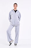 Gri Kanguru Cepli Kapüşonlu Fermuarlı Oversize Kadın Sweatshirt