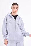 Kadın Gri Normal Kalıp Basic Beli Lastikli Kapüşonlu Oversize Mevsimlik Alt Üst Eşofman Takımı