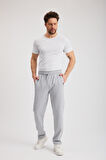 Gri Erkek Fermuarlı Cepli Nakış Detaylı Düz Paça Rahat Kesim Günlük Eşofman Altı