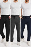 Siyah-Lacivert-Antrasit Erkek Fermuarlı Cepli Nakış Detaylı Düz Paça Rahat Kesim Günlük 3'lü Eşofman Altı