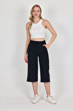 Yüksek Bel Cepli Rahat Kesim Mevsimlik Kadın Diz Altı 3'lü Bermuda Siyah-Lacivert-Antrasit Kapri Şort
