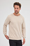 Erkek Bej Standart Fit Normal Kesim Pamuklu Basic Bisiklet Yaka Sweatshirt