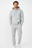 Gri Regular Fit Kapüşonlu Cepli Sweatshirt Düz Paça Erkek Eşofman Takımı