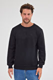 Erkek Siyah Standart Fit Normal Kesim Pamuklu Basic Bisiklet Yaka Sweatshirt