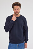 Erkek Lacivert Standart Fit Normal Kesim Pamuklu Basic Bisiklet Yaka Sweatshirt