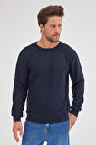 Erkek Lacivert Standart Fit Normal Kesim Pamuklu Basic Bisiklet Yaka Sweatshirt