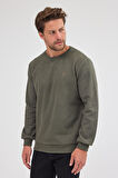 Erkek Haki Standart Fit Normal Kesim Pamuklu Basic Bisiklet Yaka Sweatshirt