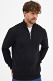 Erkek Siyah Standart Fit Normal Kesim Pamuklu Yarım Fermuarlı Dik Yaka Pamuklu Sweatshirt