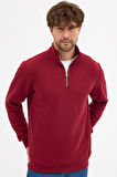 Erkek Bordo Standart Fit Normal Kesim Pamuklu Yarım Fermuarlı Dik Yaka Pamuklu Sweatshirt
