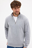 Erkek Gri Standart Fit Normal Kesim Pamuklu Yarım Fermuarlı Dik Yaka Pamuklu Sweatshirt