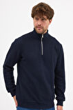 Erkek Lacivert Standart Fit Normal Kesim Pamuklu Yarım Fermuarlı Dik Yaka Pamuklu Sweatshirt