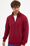 Erkek Bordo Standart Fit Normal Kesim Pamuklu Yarım Fermuarlı Dik Yaka Pamuklu Sweatshirt