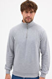Erkek Gri Standart Fit Normal Kesim Pamuklu Yarım Fermuarlı Dik Yaka Pamuklu Sweatshirt