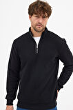 Erkek Siyah Standart Fit Normal Kesim Pamuklu Yarım Fermuarlı Dik Yaka Pamuklu Sweatshirt