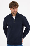 Erkek Lacivert Standart Fit Normal Kesim Pamuklu Yarım Fermuarlı Dik Yaka Pamuklu Sweatshirt