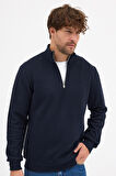 Erkek Lacivert Standart Fit Normal Kesim Pamuklu Yarım Fermuarlı Dik Yaka Pamuklu Sweatshirt