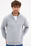 Erkek Gri Standart Fit Normal Kesim Pamuklu Yarım Fermuarlı Dik Yaka Pamuklu Sweatshirt