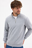 Erkek Gri Standart Fit Normal Kesim Pamuklu Yarım Fermuarlı Dik Yaka Pamuklu Sweatshirt