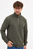 Erkek Haki Standart Fit Normal Kesim Pamuklu Yarım Fermuarlı Dik Yaka Pamuklu Sweatshirt
