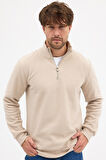 Erkek Bej Standart Fit Normal Kesim Pamuklu Yarım Fermuarlı Dik Yaka Pamuklu Sweatshirt
