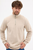 Erkek Bej Standart Fit Normal Kesim Pamuklu Yarım Fermuarlı Dik Yaka Pamuklu Sweatshirt