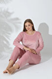 Kadın Pudra Büyük Beden Kadife Kışlık Pijama Takımı