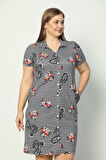 Kadın Kısa Kollu Desenli Düğmeli Cepli Büyük Beden Penye Modal Elbise