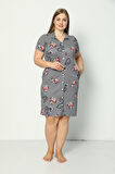 Kadın Kısa Kollu Desenli Düğmeli Cepli Büyük Beden Penye Modal Elbise
