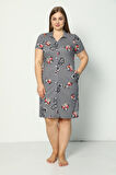 Kadın Kısa Kollu Desenli Düğmeli Cepli Büyük Beden Penye Modal Elbise