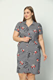 Kadın Kısa Kollu Desenli Düğmeli Cepli Büyük Beden Penye Modal Elbise