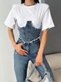 Kadın Kot Detaylı Vatkalı T-shirt