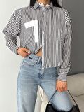 Kadın Cep Detaylı Çizgili Crop Gömlek