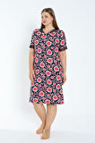 Desenli Tül Detaylı Kısa Kollu Cepli Büyük Beden Pamuklu Elbise