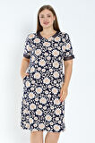 Desenli Tül Detaylı Kısa Kollu Cepli Büyük Beden Pamuklu Elbise