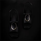 Trend Adımlar Siyah Oval Glam Kadın Kalın Topuklu Casual Sandalet