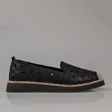 Trend Adımlar Siyah Hasır Burunlu Kadın Delikli Yazlık Babet