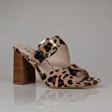 Trend Adımlar Krem Leopar Süet Desenli Kadın Topuklu Terlik