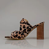 Trend Adımlar Krem Leopar Süet Desenli Kadın Topuklu Terlik