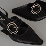 Trend Adımlar Siyah Fındık Topuk Kadın Taş Tokalı Klasik Ayakkabı