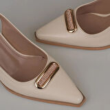 Trend Adımlar Krem Deri Önden Taş İşlemeli Sivri Klasik Ayakkabı