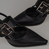 Trend Adımlar Siyah Suni Deri Kemerli Kadın Klasik Ayakkabı