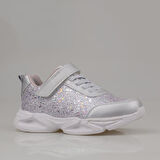 Trend Adımlar Gümüş Simli Saten Kız Çocuk Sneaker