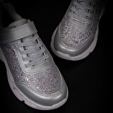 Trend Adımlar Gümüş Simli Saten Kız Çocuk Sneaker