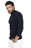 Erkek Lacivert Balıkçı Yaka Çizgili Slim Fit Örme Kazak 2100015