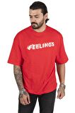 DeepSEA Erkek Kırmızı Önü Feelings Yazı Baskılı Oversize Tişört 2200512