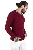 DeepSEA  Erkek Bordo Kare Desenli Dar Kesim V Yaka Triko Kazak 2300341