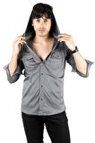 DeepSEA Erkek Füme  Kapüşonlu Cepli Slim Fit Likralı Kot Gömlek 2300396
